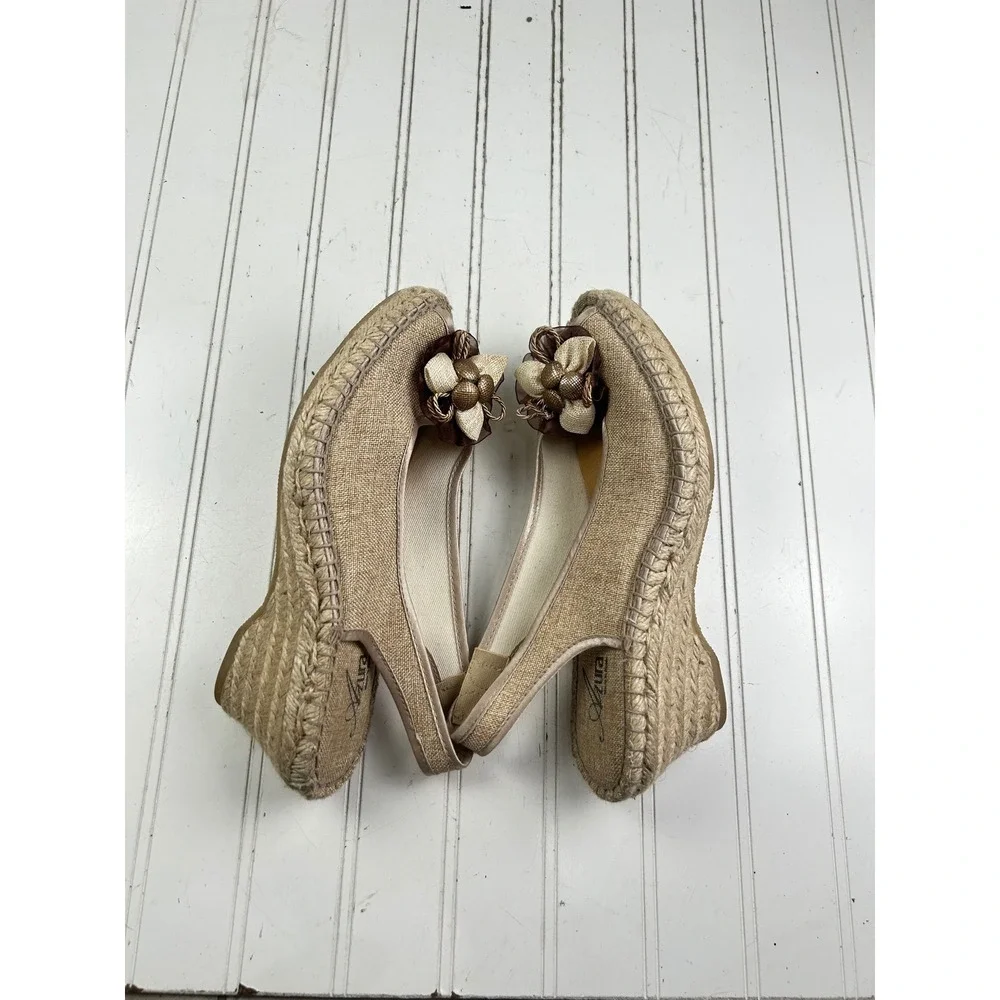 Aura Beige Linen Floral Espadrille Slingback Wedge Sandals Women's Size 40 9-10